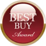 A red and gold button with the words " best buy award ".