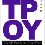 A purple and white logo for the tone product of the year.