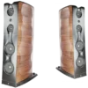 A pair of speakers with wood panels on them.
