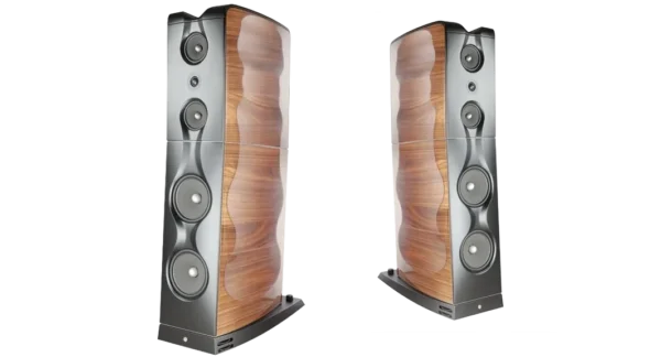 A pair of speakers with wood panels on them.