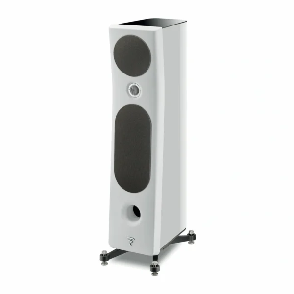 A white speaker stands on wheels and has black trim.