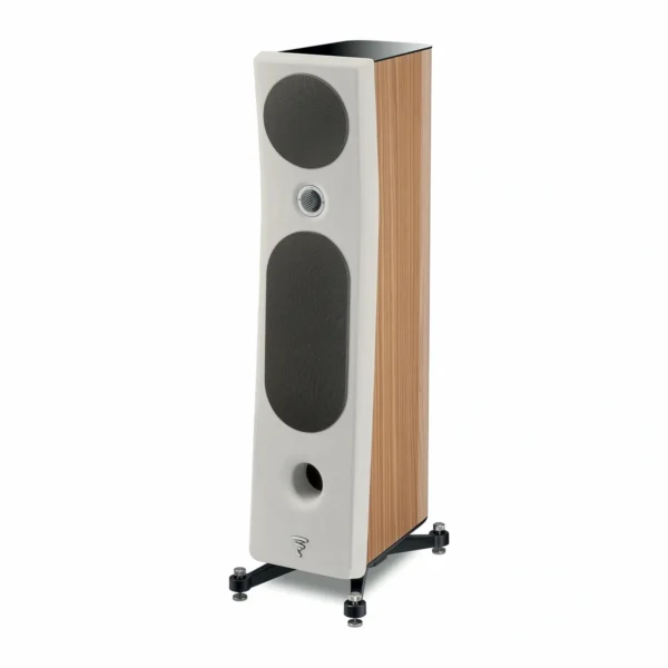 A white and wood speaker on a stand.