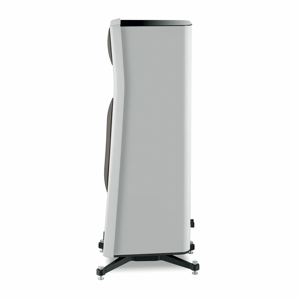 A white speaker stands upright on top of a black stand.