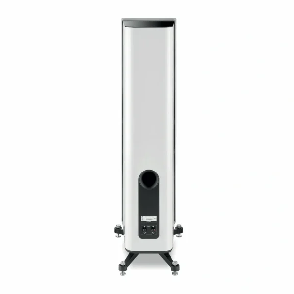 A white and black speaker on stand with no background