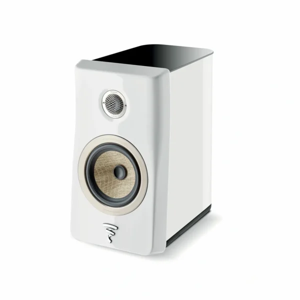 A white speaker with a black base and gold accents.