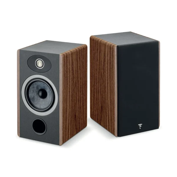 A pair of speakers with wood grain and grey trim.