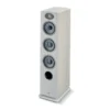 A white speaker tower with three speakers on each side.