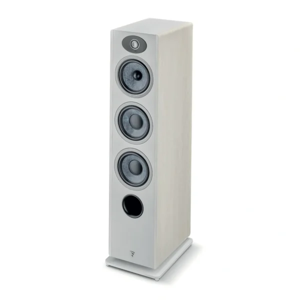 A white speaker tower with three speakers on each side.