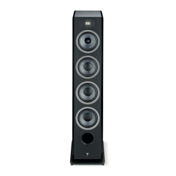 A black speaker is standing up and has four speakers.