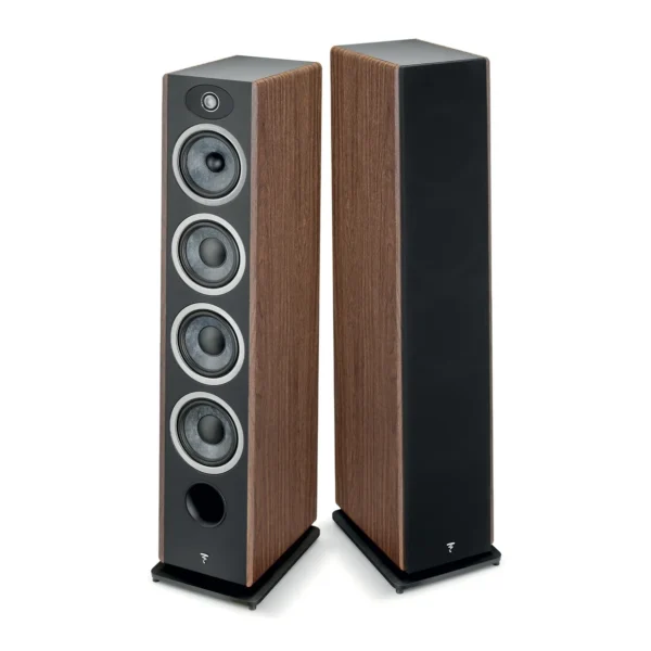 A pair of speakers with black bases and brown wood panels.