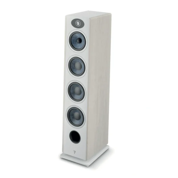 A white speaker tower with four speakers on each side.