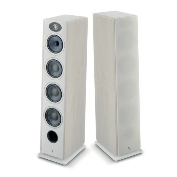 A pair of speakers with white covers and blue buttons.