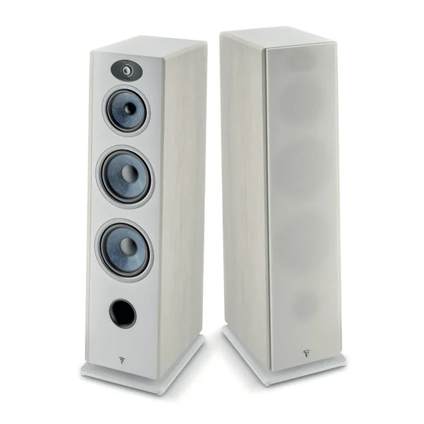 A pair of white modern VESTIA N°4 3-Way Floor-Standing Speakers, each with multiple drivers. One speaker's front panel is visible, showcasing three circular speakers and a port; the other is covered with a fabric grill.