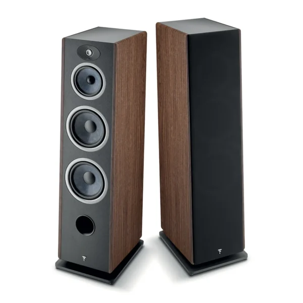 A pair of speakers with wood grain finish.