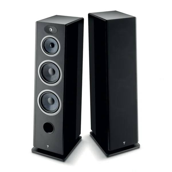 A pair of speakers with one showing the front and back.