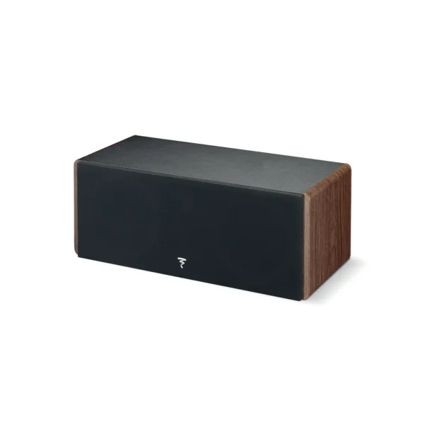 A black and brown speaker sitting on top of a white table.