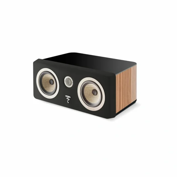 A black speaker with wood accents on top of it.