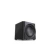 A black subwoofer sitting on top of a white floor.