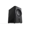 A black speaker sitting on top of a white floor.