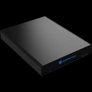 Black storage device with Kaleidescape branding.