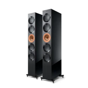 Tower speakers with a sleek black design.